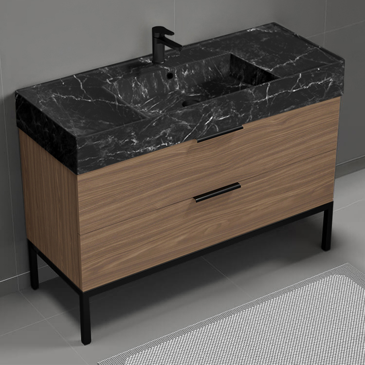 Nameeks DERIN931 Walnut Bathroom Vanity With Black Marble Design Sink, Free Standing, 48 Inch, Modern